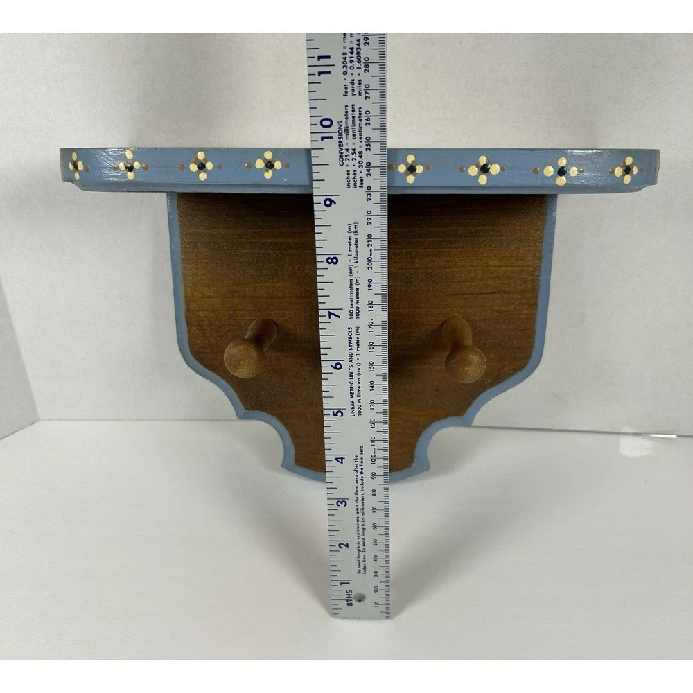 Wooden Decorative Wall Shelf Hand Painted Flowers Hooks Cottagecore 9.75